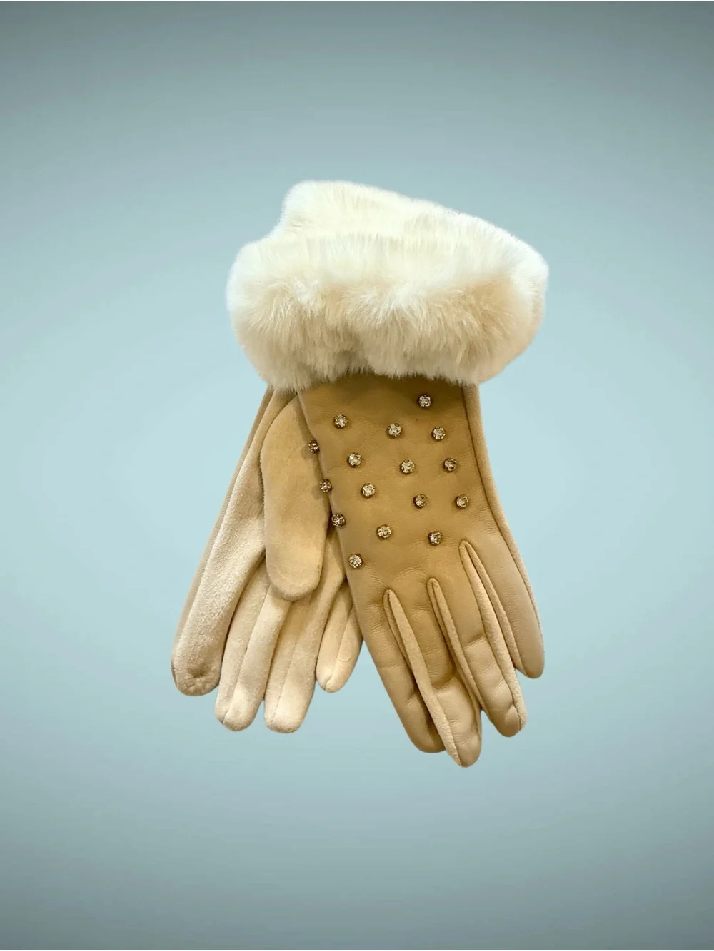 Women's soft Faux Fur Cuff Studded Gloves - Cream size medium